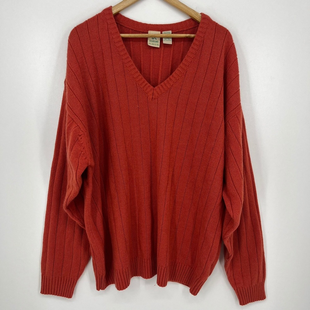 Haband Mens 3XL Burnt Orange Ribbed V-Neck Acrylic Knit Pullover Sweater